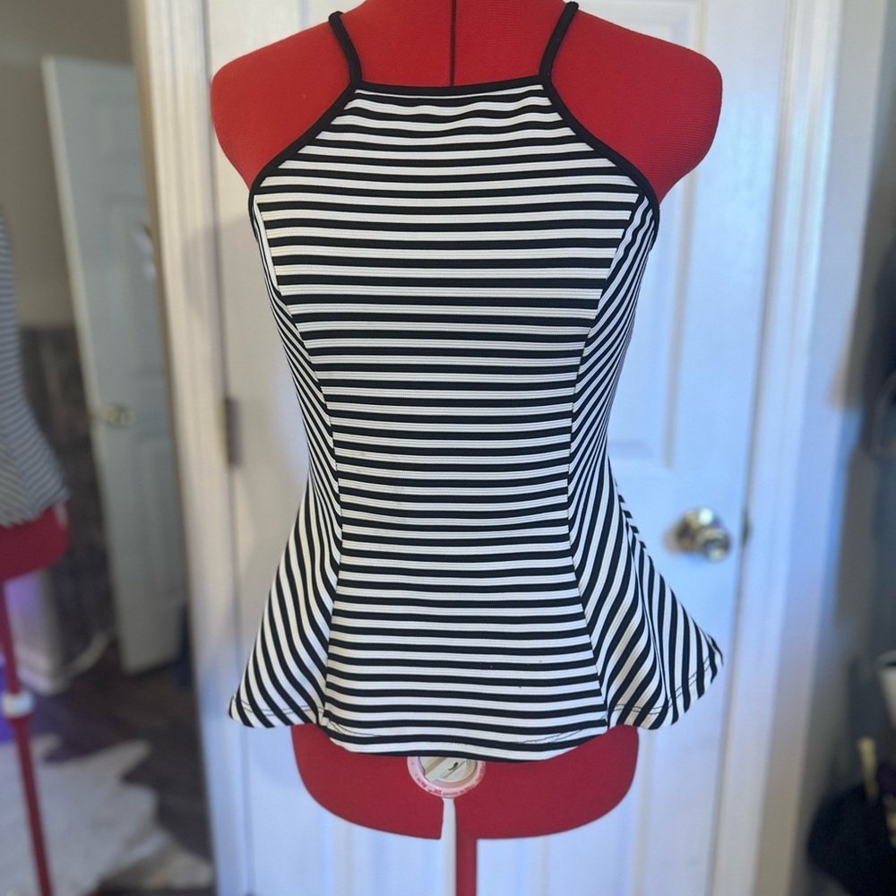 Black and White Striped Women's Spaghetti Strap Peplum Sailing Top Sz M